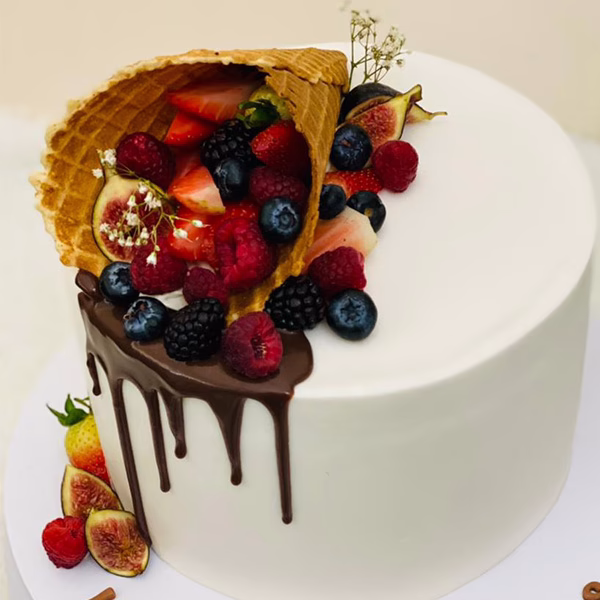 Alternative view of 1-Tier Fresh Fruits Chocolate Drip Cake